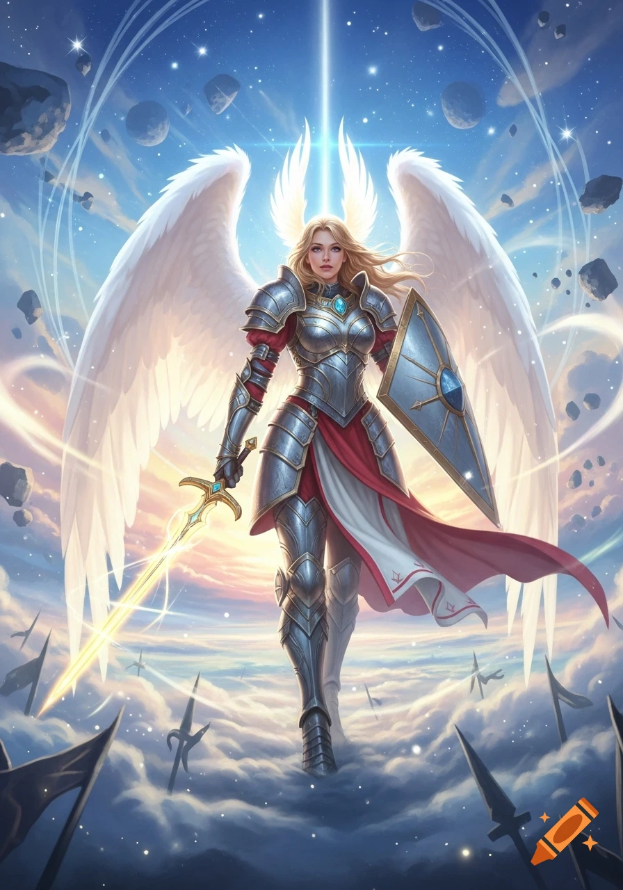 An angelic female warrior in shining armor with large white wings, holding a glowing sword and shield, standing amidst clouds and asteroids.