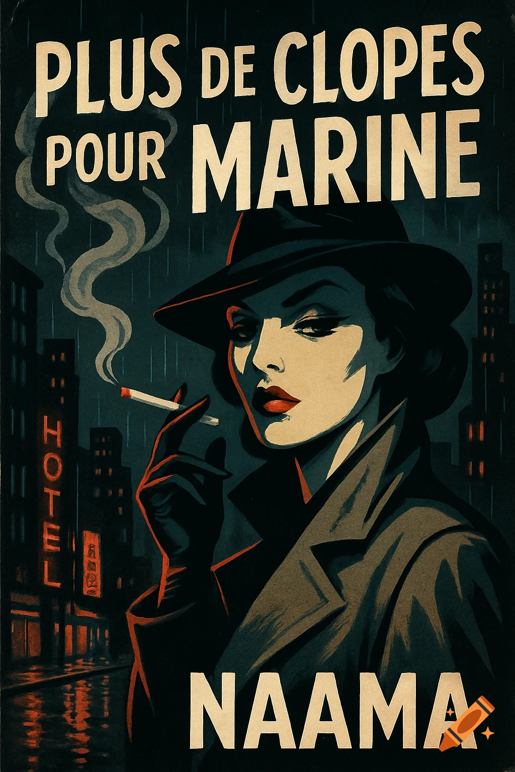 Vintage pulp art illustration of a woman in a trench coat and hat smoking on a rainy city street at night, with text 'PLUS DE CLOPES POUR MARINE' and 'NAAMA'.