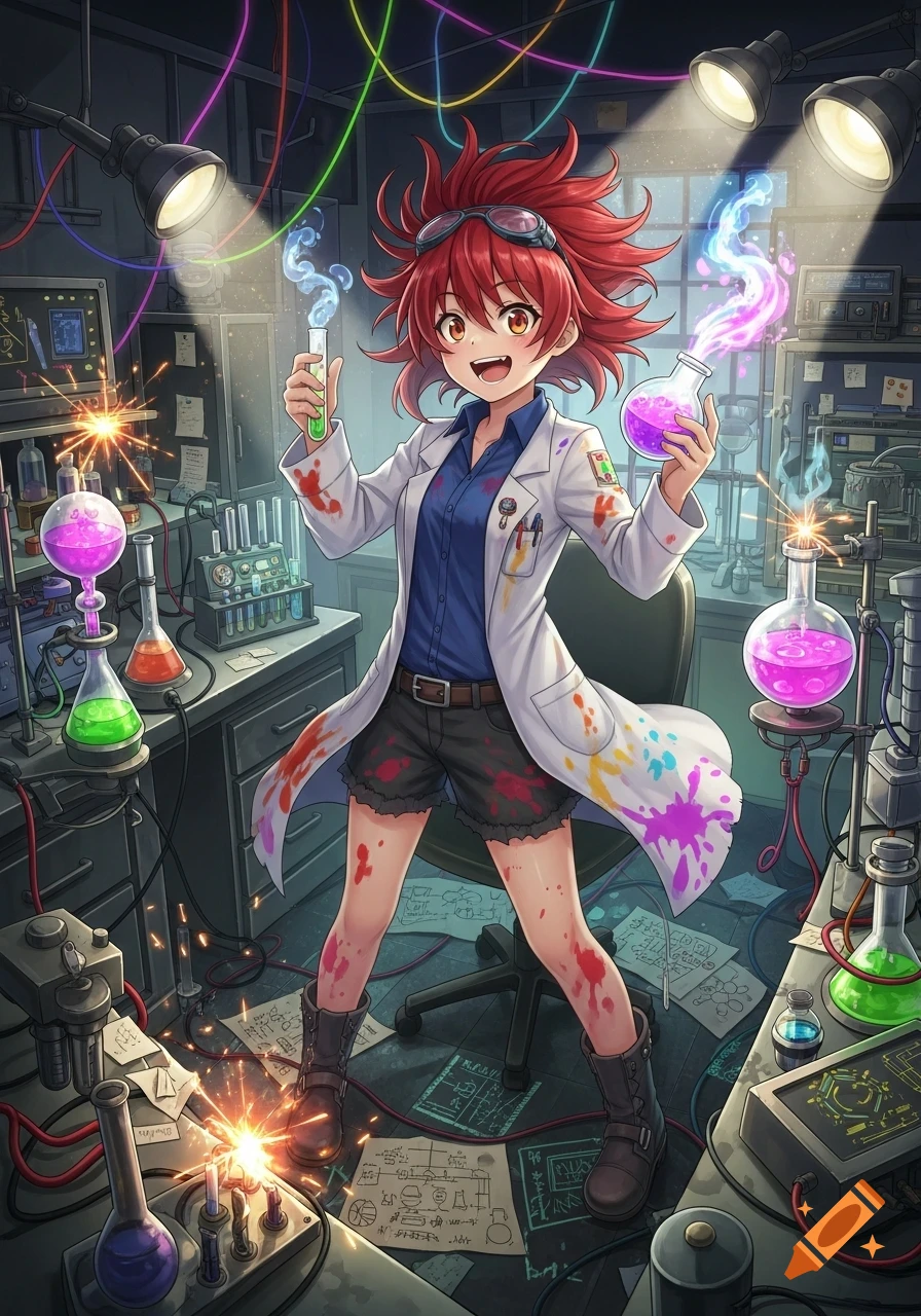 A smiling anime girl scientist in a lab coat holds smoking beakers in a chaotic, colorful laboratory with sparks.