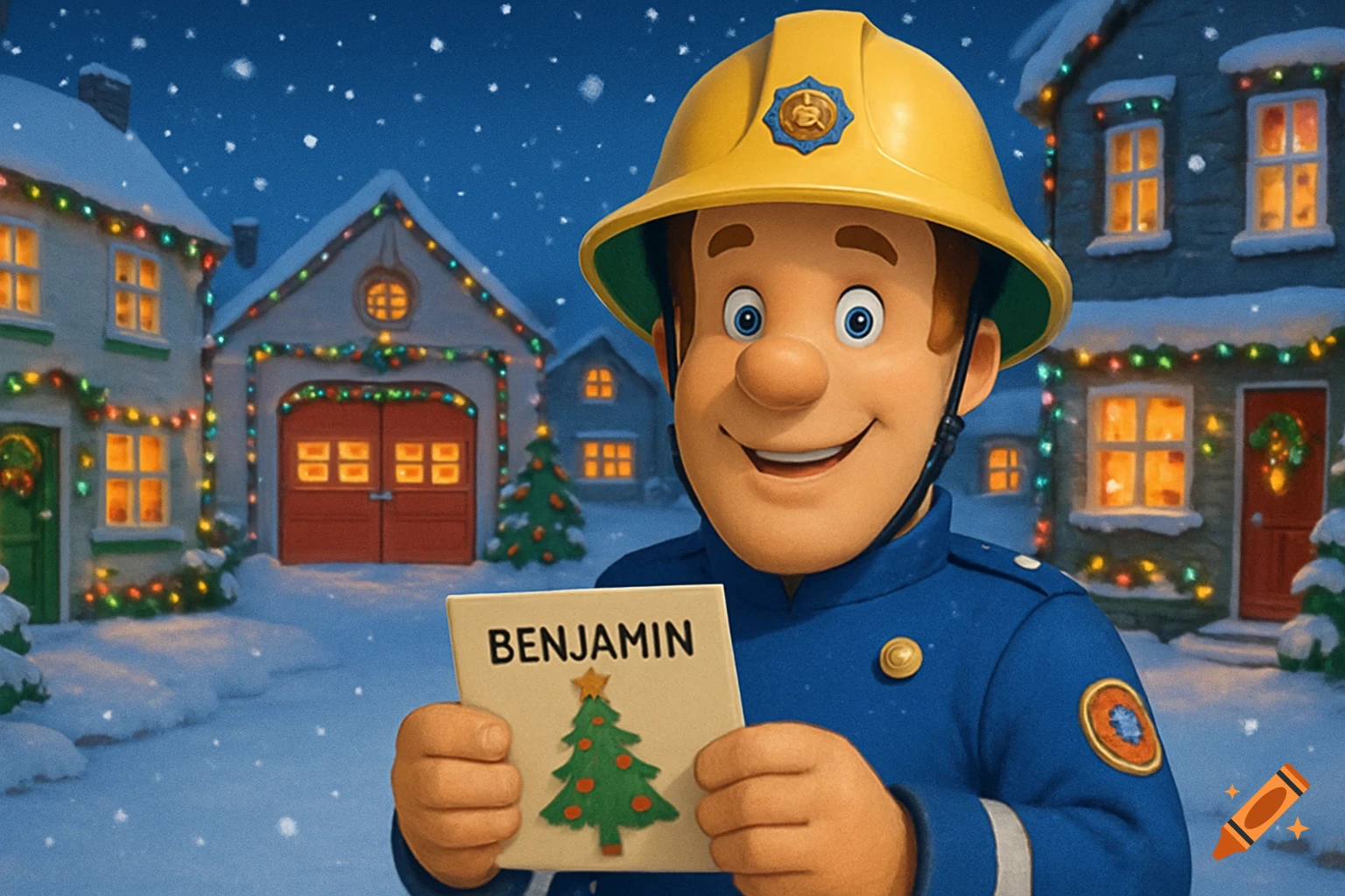 Fireman Sam in a snowy Christmas village, smiling and holding a Christmas card with 'BENJAMIN' and a tree on it.
