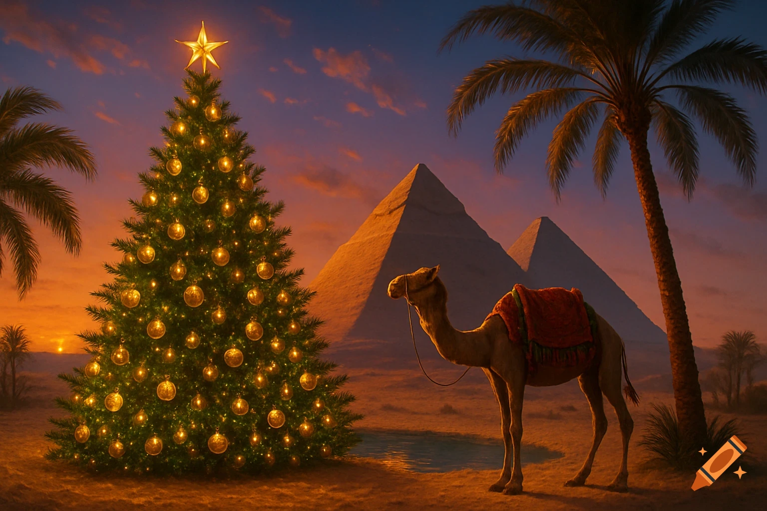 A decorated Christmas tree with a star topper in a desert landscape with pyramids, a camel, and palm trees at sunset.