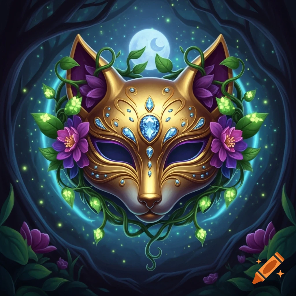 A golden, jeweled cat-like mask with purple flowers and green vines, glowing in a magical forest under a full moon.