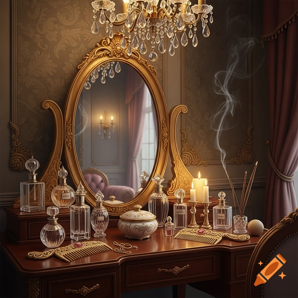 A luxurious vanity table with an ornate golden mirror, crystal perfume bottles, lit candles, and decorative combs in an elegant room.