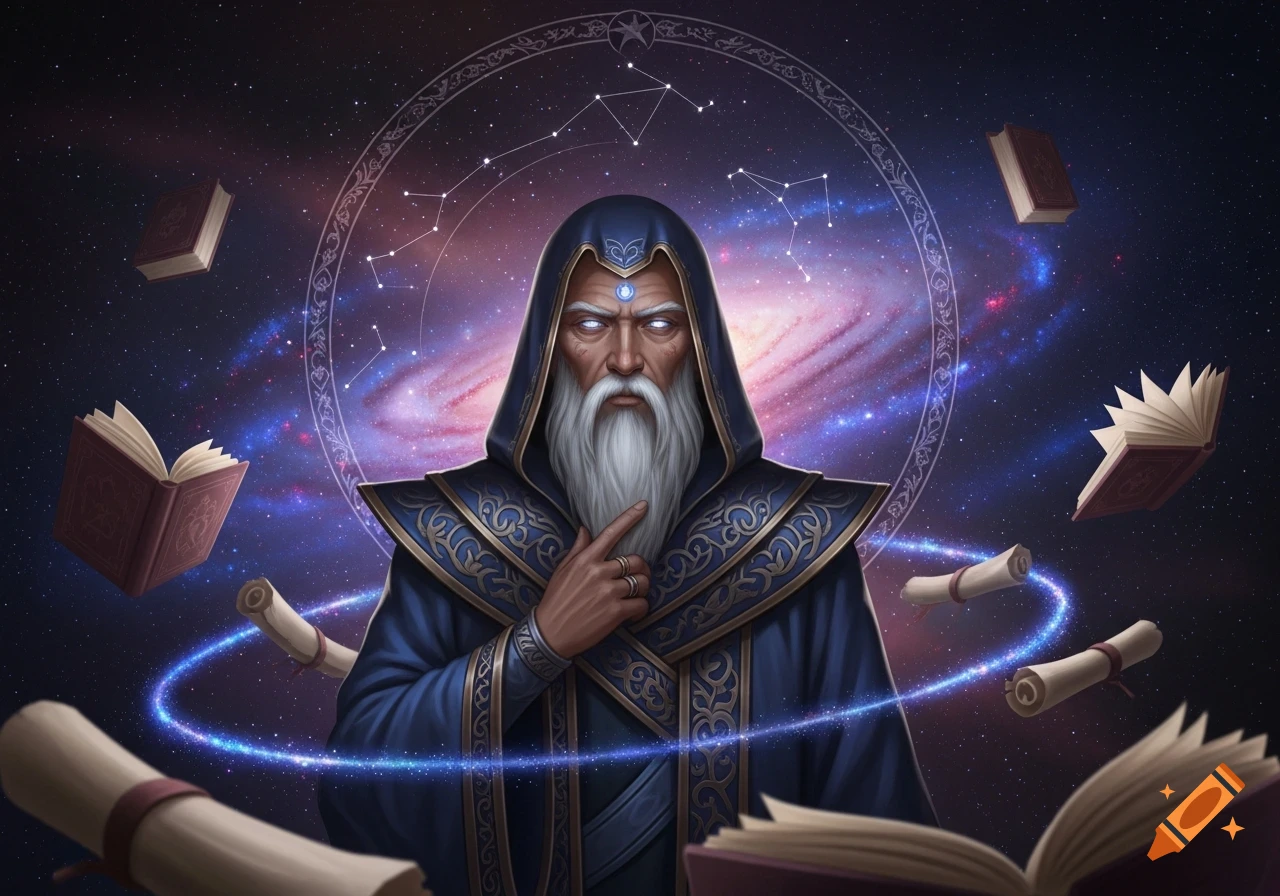 A white-bearded wizard in a blue and gold robe points a finger, surrounded by floating books and scrolls in a cosmic galaxy, digital art.