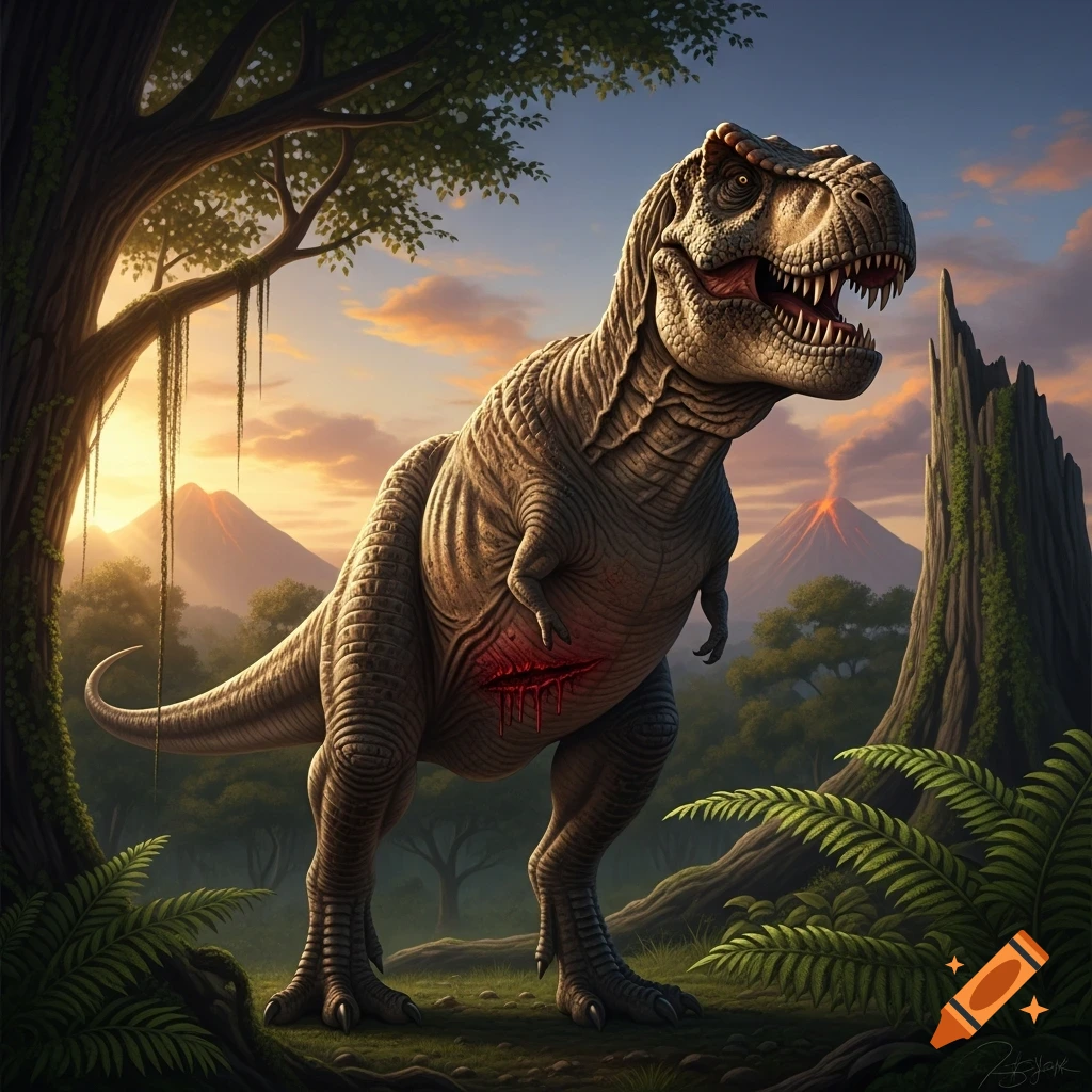 A T-Rex with a bloody wound on its belly stands in a prehistoric jungle with erupting volcanoes at sunset.