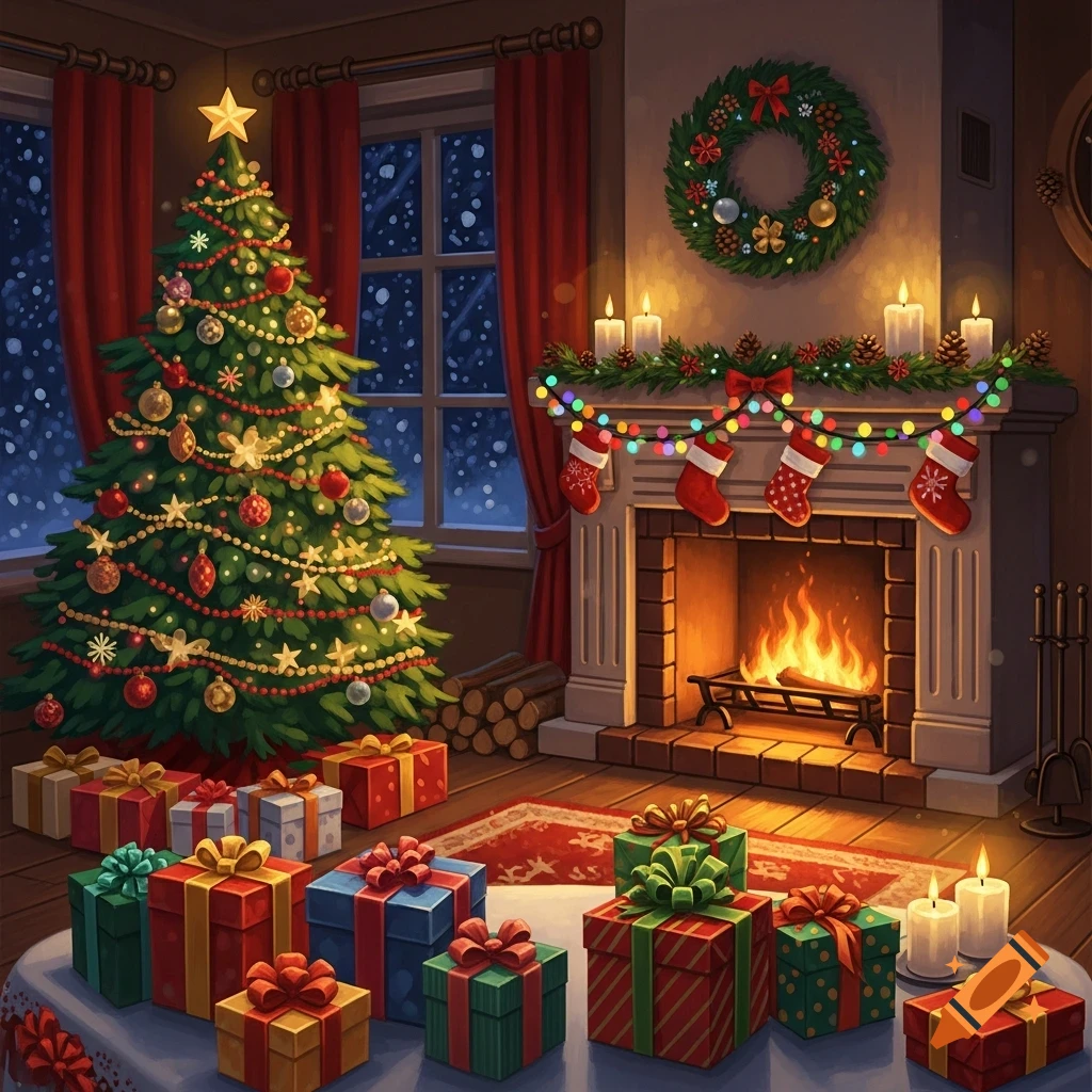 A cozy Christmas living room with a brightly lit tree, a roaring fireplace with stockings, and many wrapped presents.