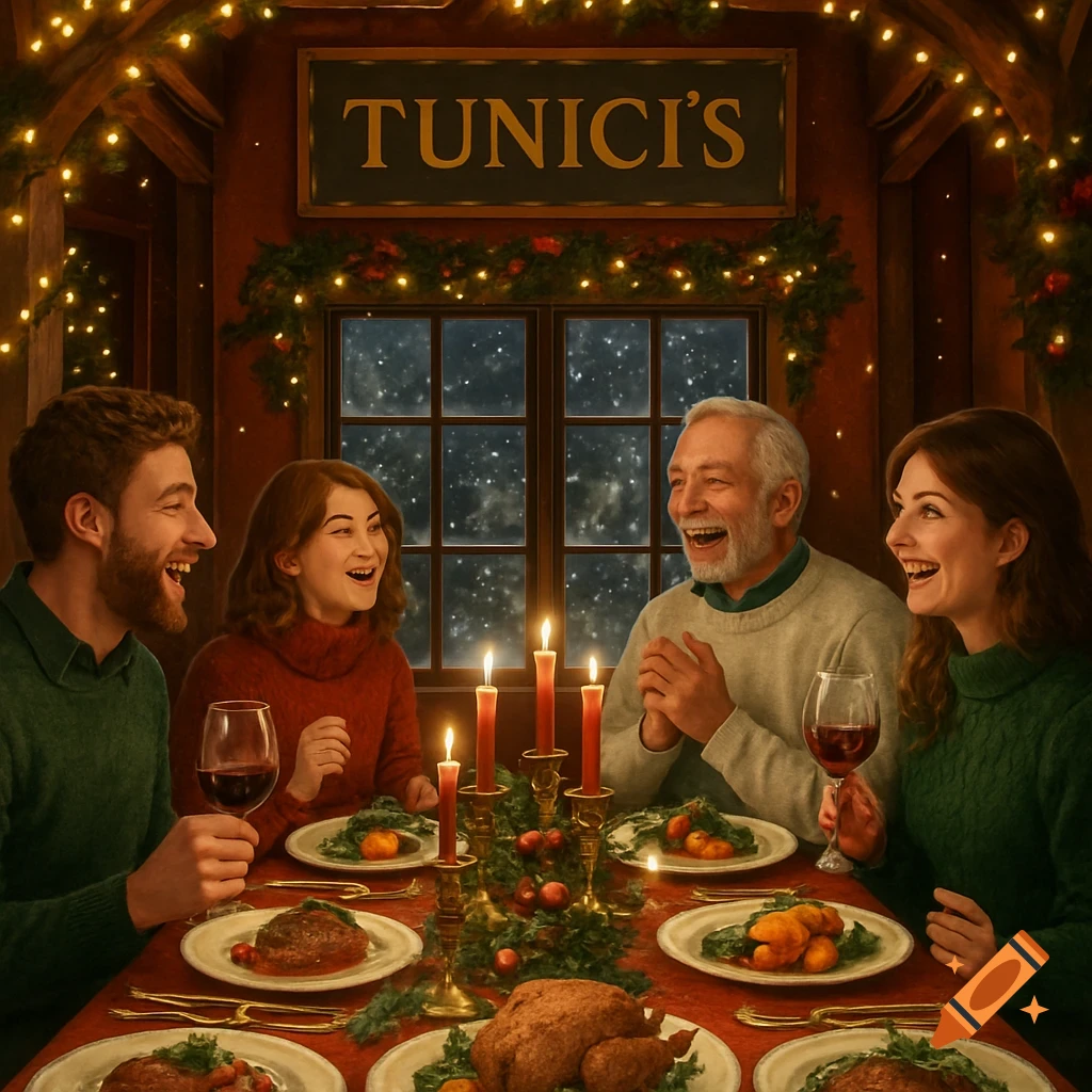 A photorealistic image of a family laughing during a festive Christmas dinner at 'Tunici's' restaurant, with snow outside.