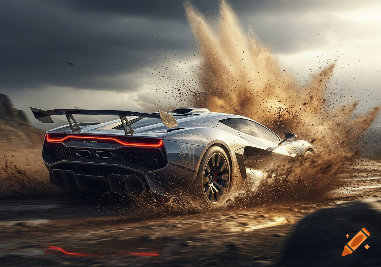 A silver supercar with a large spoiler spins its tires, kicking up a dramatic spray of mud and dirt on a cloudy day.