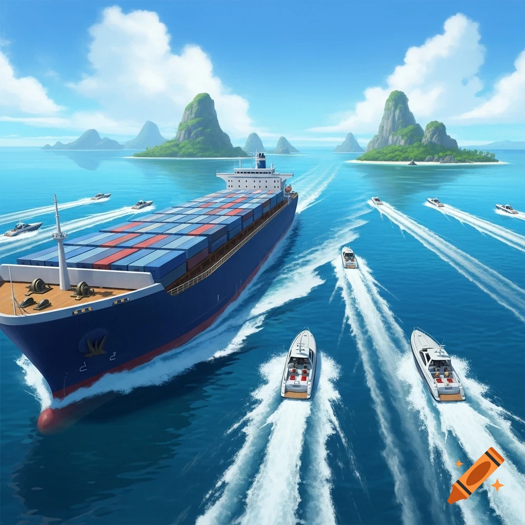A large container ship and several speedboats navigate a vibrant blue ocean amidst tropical islands under a clear sky, stylized illustration.