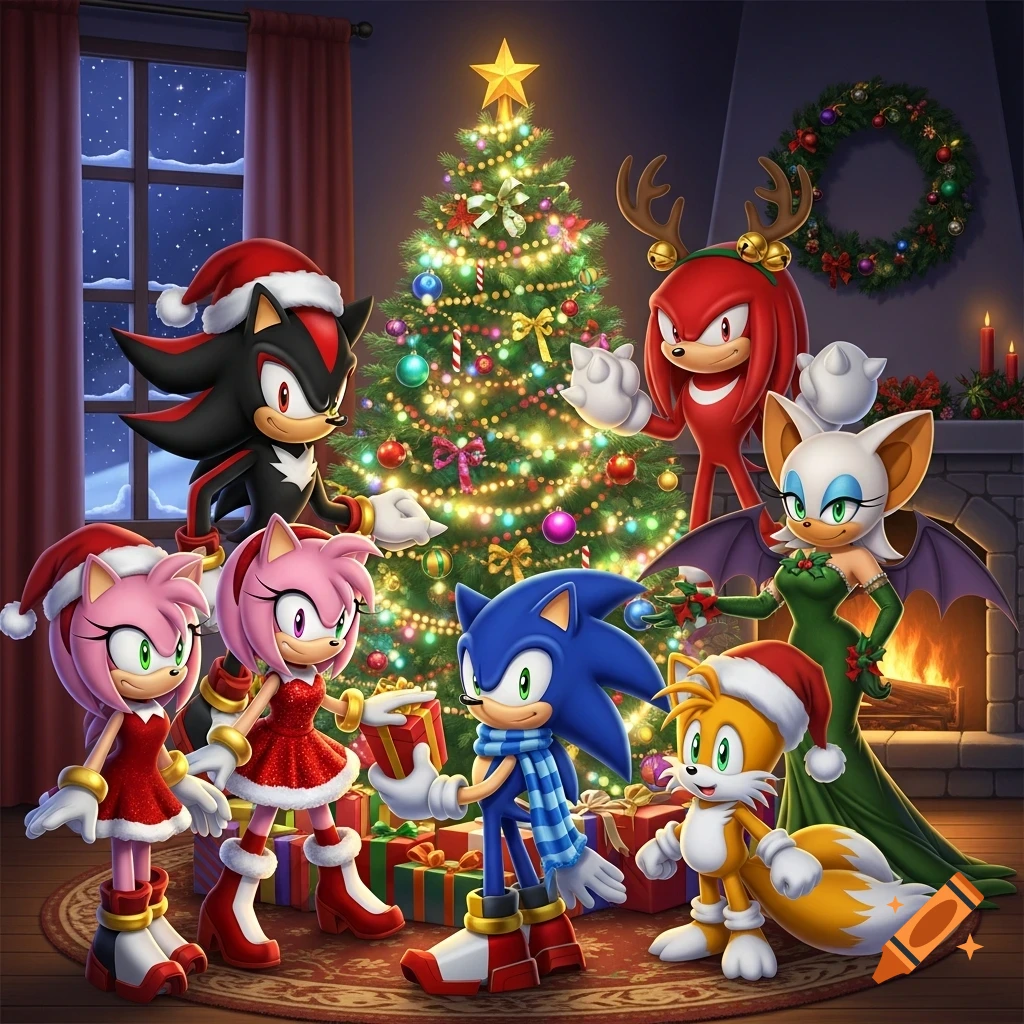 Sonic, Shadow, Amy, Knuckles, Rouge, and Tails celebrate Christmas around a decorated tree and fireplace.