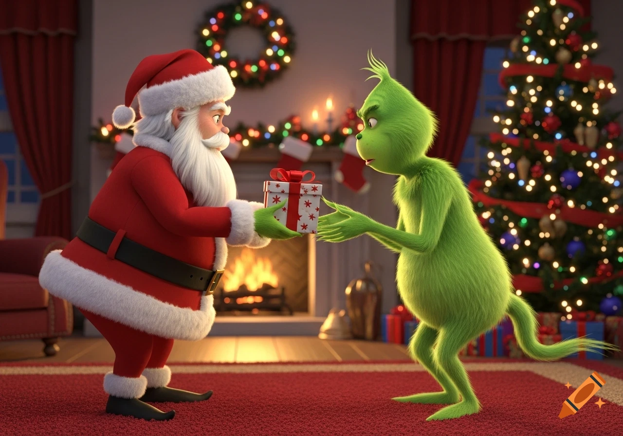 Santa Claus gives a wrapped present to the Grinch in a festive, decorated living room with a fireplace and Christmas tree.