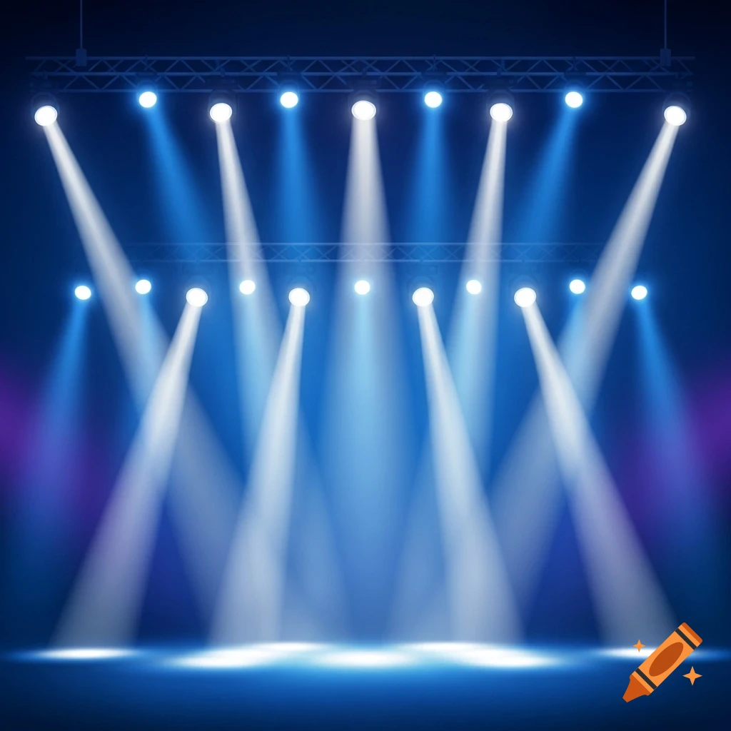 Blue stage background with multiple bright blue and white spotlights illuminating the floor.