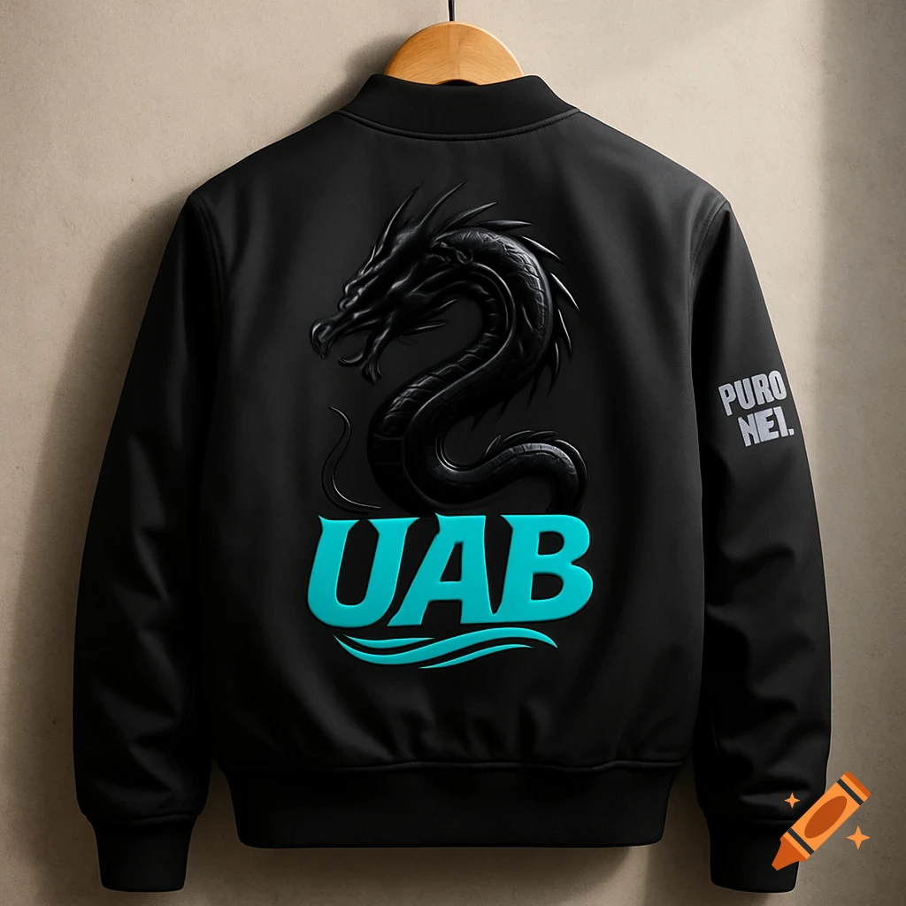 Black bomber jacket with a raised black dragon logo, blue "UAB" text in wavy typography, and white "PURO NEI." text.