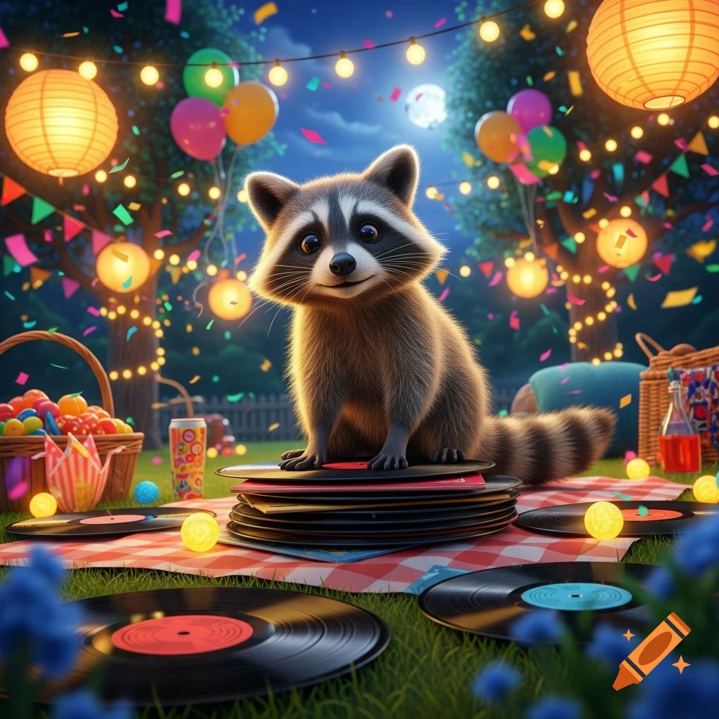 A cute cartoon raccoon sits on a stack of vinyl records at a vibrant outdoor party at night, surrounded by glowing lanterns, balloons, and falling confetti.