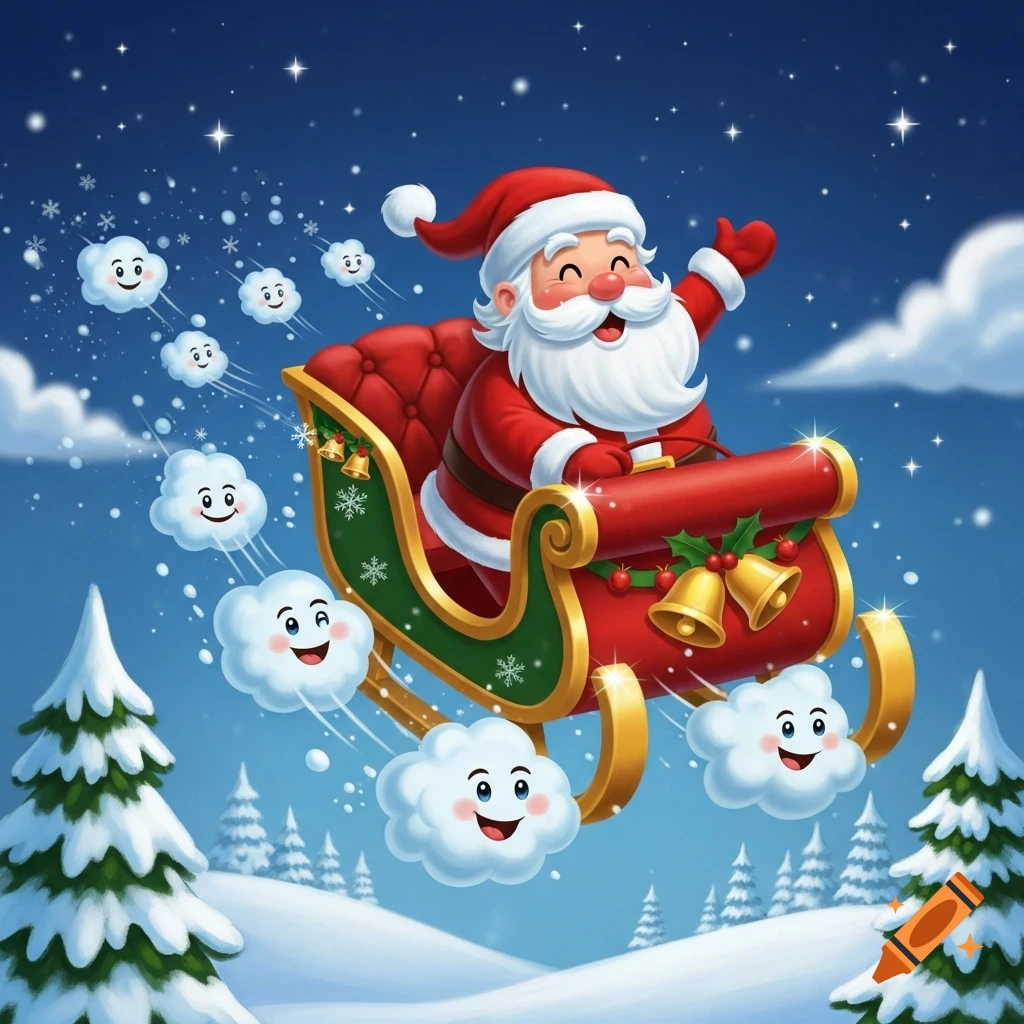 A jolly cartoon Santa waves from his sleigh, propelled by smiling clouds, soaring through a star-filled winter night sky over snowy pine trees.