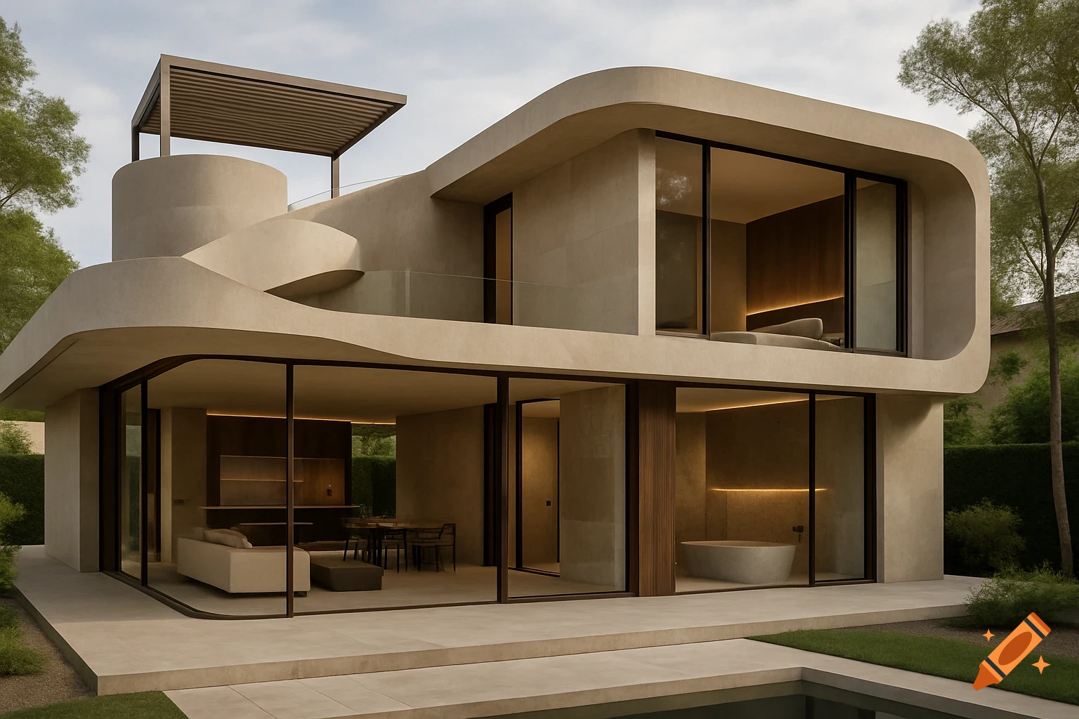 A modern, luxurious house with organic, rounded forms, large windows, a pool, and lush greenery.