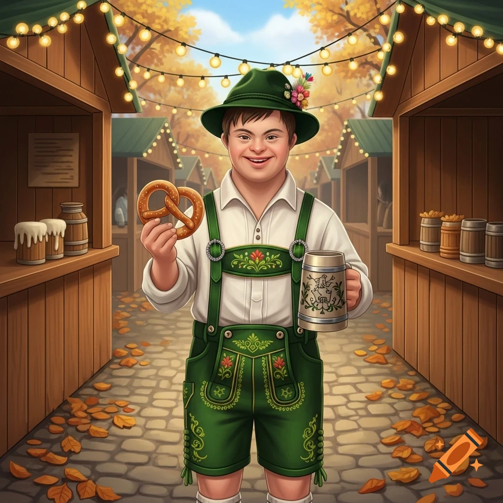 A smiling person with Down syndrome wearing green Bavarian lederhosen and hat, holding a pretzel and a beer stein at an outdoor market.