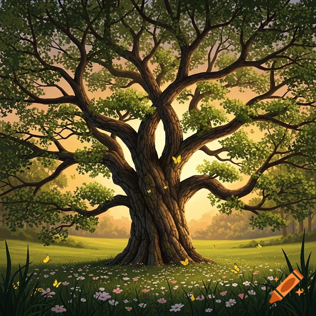 A magnificent, ancient tree with sprawling branches in a vibrant green meadow with wildflowers and yellow butterflies, under a soft, golden sky. Illustrated.