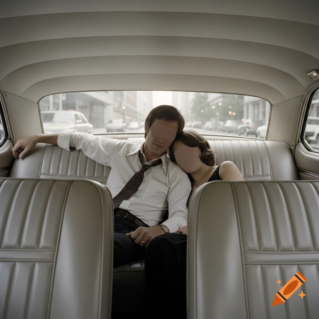 A man in a white shirt and a woman in a black dress, both faceless, embrace in the beige back seat of a 1970s car, with a blurred city street outside the window.