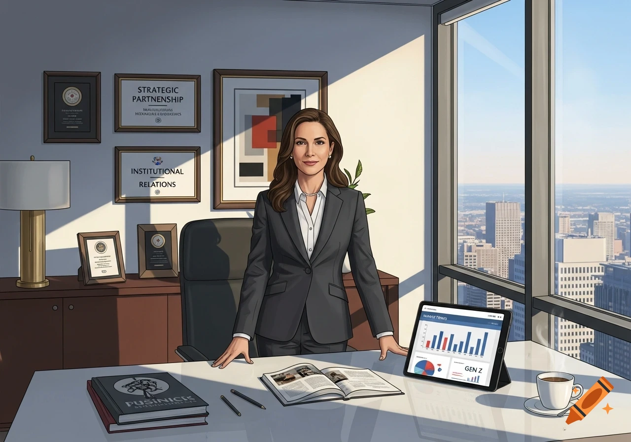 An illustrated professional woman in a grey suit stands at a white desk in a modern office with a city skyline view. A tablet shows business charts, and wall plaques display business terms.