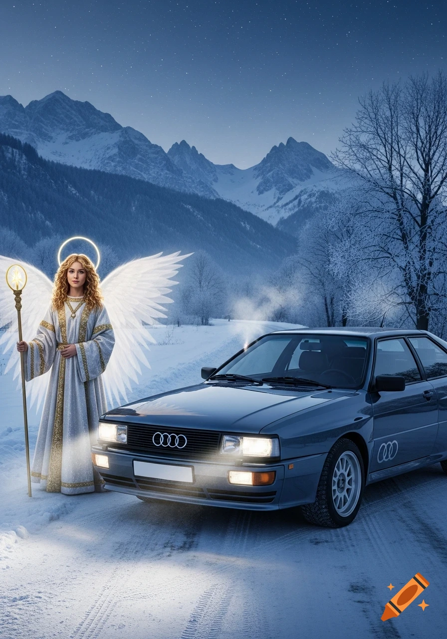 An angel with white wings and a halo, holding a glowing staff, stands beside a dark grey Audi Quattro on a snowy road. Snowy mountains are in the background under a starry night sky, photorealistic style.