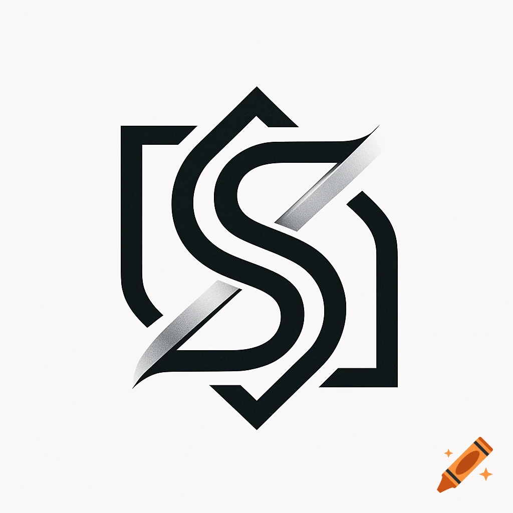 A minimalist black and white logo featuring a stylized letter 'S' intertwined with a geometric, shield-like shape, against a plain white background.