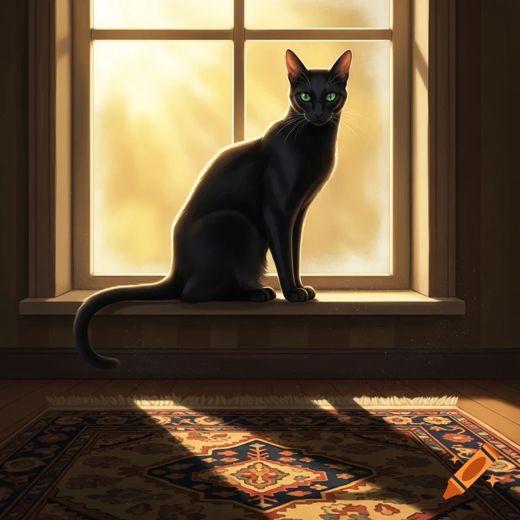 A sleek black cat with bright green eyes sits on a sunlit window sill, casting shadows on a patterned rug.