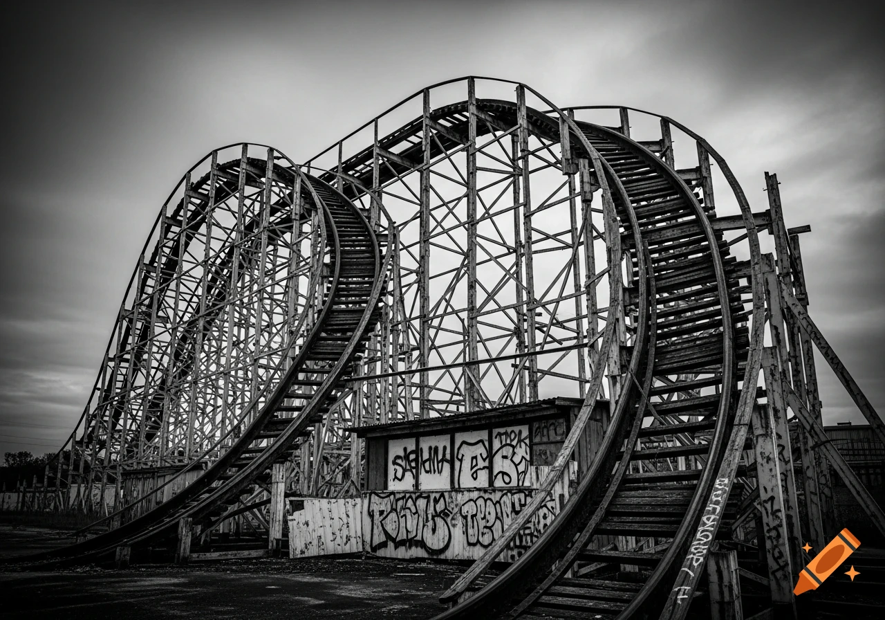 A dramatic black and white photo of an old, abandoned wooden roller coaster with peeling paint and graffiti under a cloudy sky.