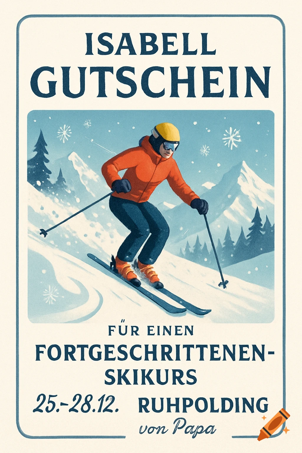 A retro-style ski voucher illustration showing a person skiing down a snowy mountain with German text.