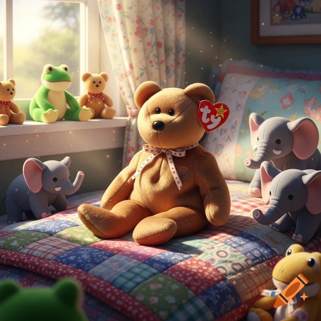 A large brown teddy bear with a red 'Ty' tag sits on a colorful quilt, surrounded by other stuffed elephants and frogs in a child's sunny bedroom.