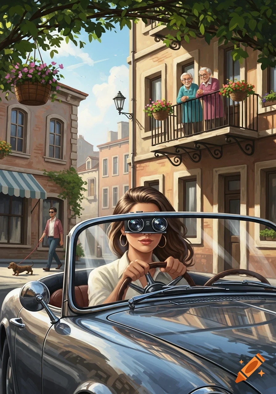 An illustration of a woman driving a silver classic car, using camera lenses for glasses. An old couple watches from a balcony, and a man walks a dachshund on a charming city street.