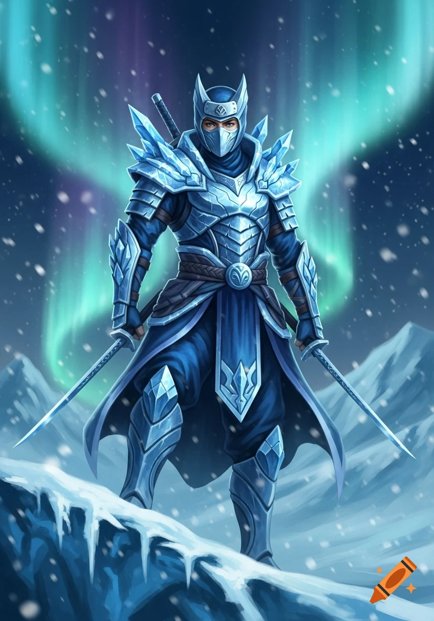 A fantasy ice ninja warrior in blue, crystal-like armor stands in a snowy mountain landscape with two ice swords, under an aurora.