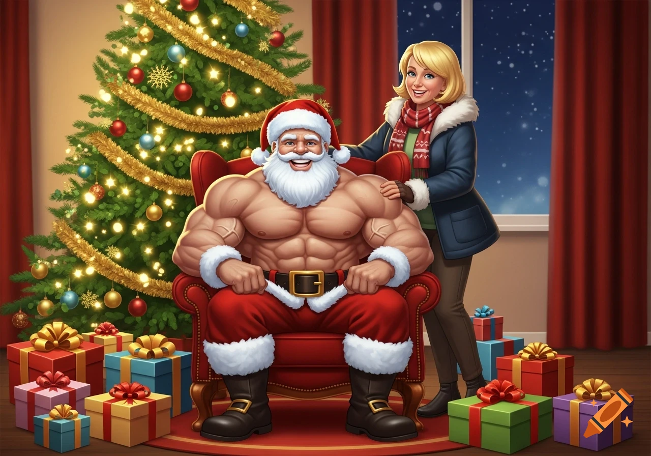 Cartoon illustration of a muscular Santa Claus sitting in a chair, shirtless, next to a smiling blonde woman in a festive room with a Christmas tree and presents.