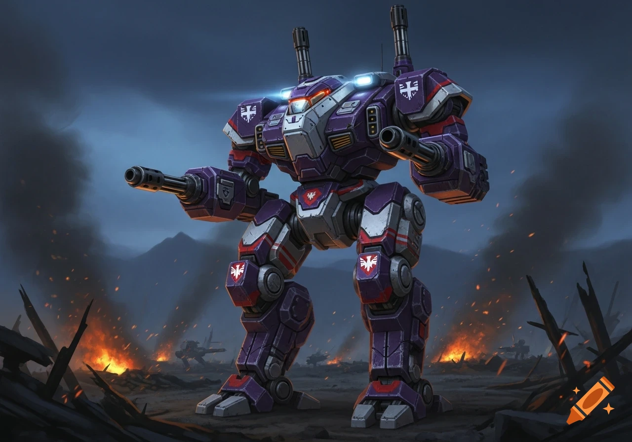 A massive purple and white combat mech with twin cannons stands amid burning wreckage and smoke on a battlefield.