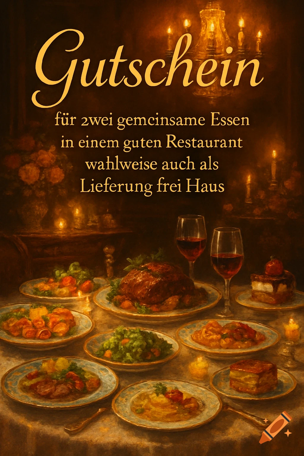 A well-lit, festive table laden with various food dishes, wine glasses, and candles, with German voucher text about dining.