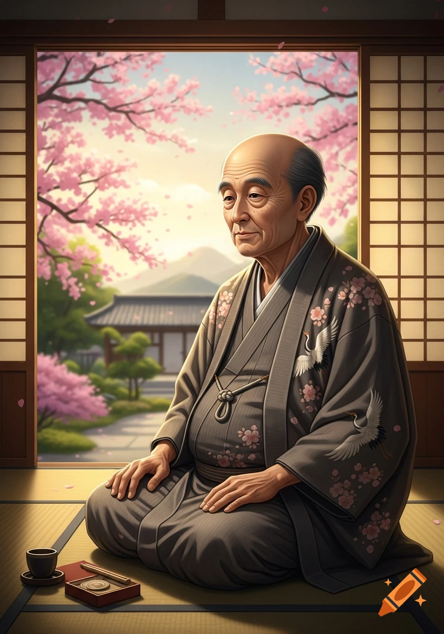 Elderly Japanese man in traditional kimono sits on a tatami mat, looking out at a cherry blossom garden from a traditional house.