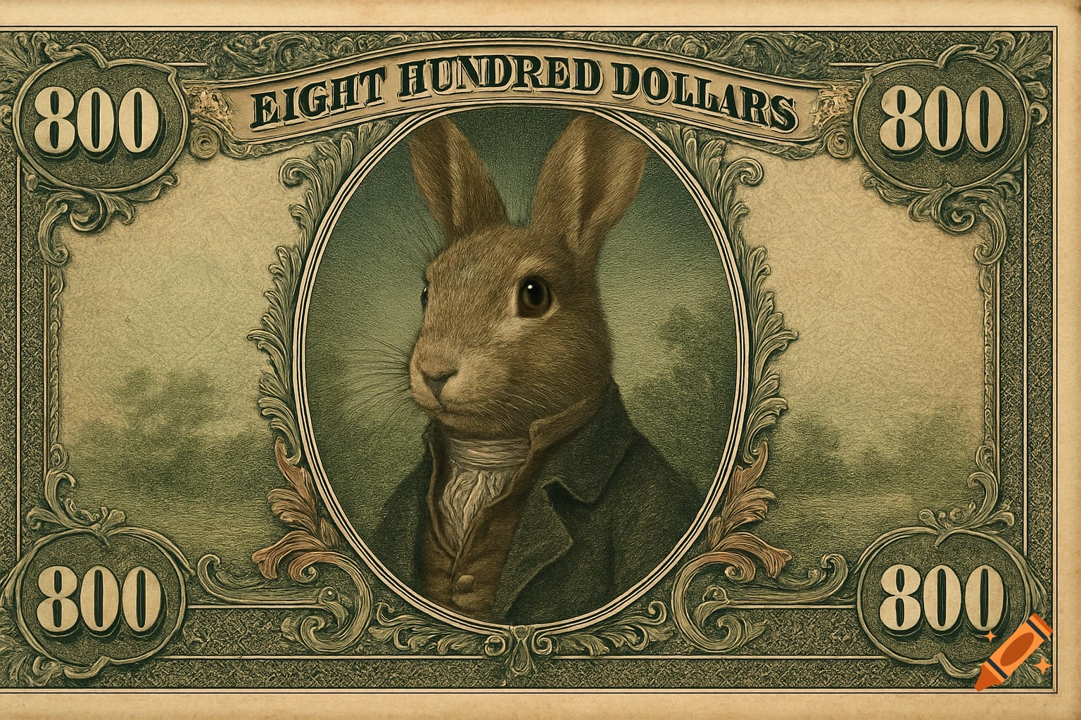 An 800 dollar bill with a rabbit in a suit as the central portrait, in an engraved style.