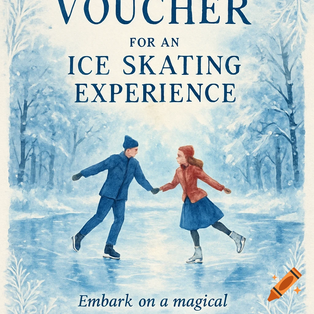 A watercolor illustration of a couple ice skating in a snowy forest, with text reading 'VOUCHER FOR AN ICE SKATING EXPERIENCE'.