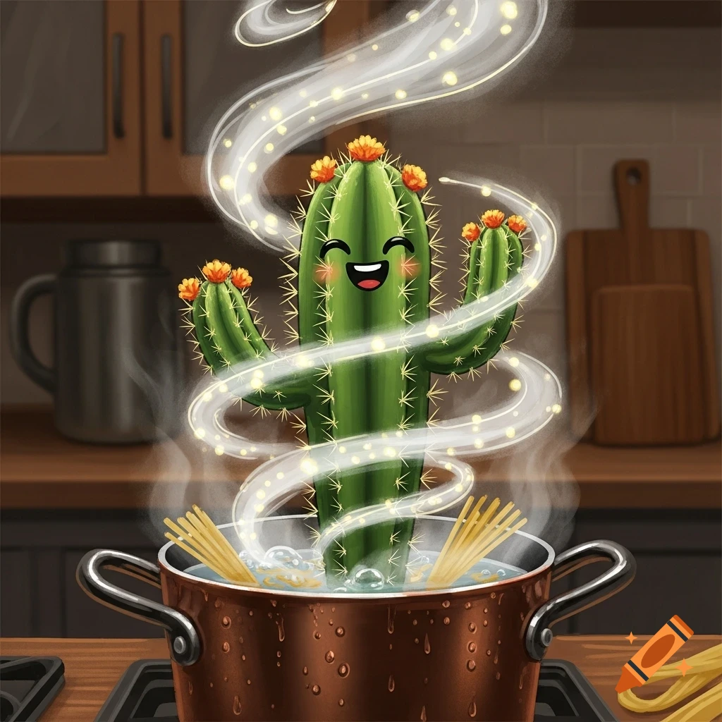 A happy cartoon cactus boils pasta in a pot, surrounded by glowing steam in a kitchen.