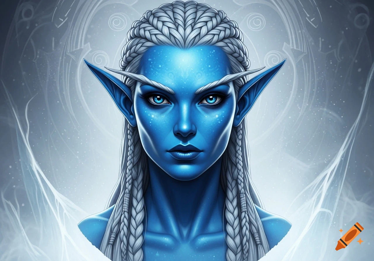 Close-up portrait of a fantasy snow elf with vibrant blue skin, bright blue eyes, and long white braided hair, against a subtle icy background.