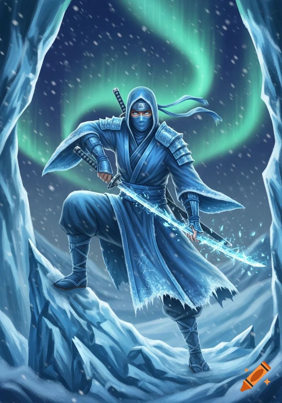 An ice ninja in a blue outfit holds a glowing katana in an icy, snowy landscape under an aurora-lit night sky. Fantasy art.