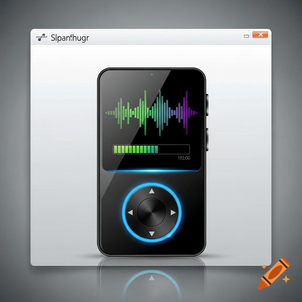 A black MP3 player with a colorful audio waveform and progress bar on its screen, set within a white program window interface with a music note icon and garbled text at the top.