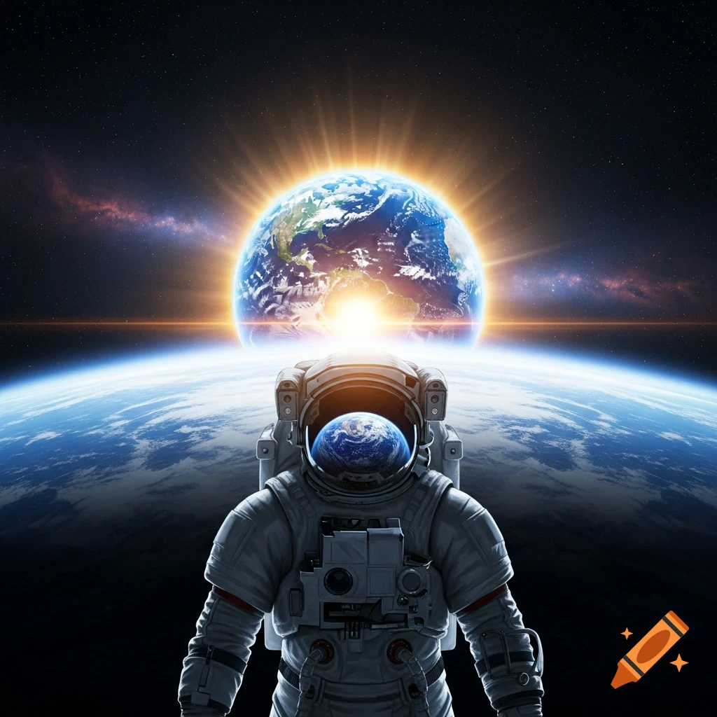 An astronaut in a spacesuit floats in space, gazing at Earth and a bright sun rising behind it.