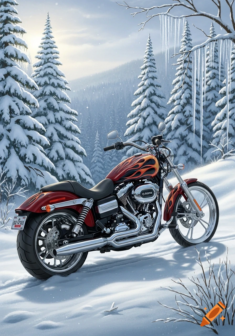 A red custom Harley-Davidson motorcycle with flame decals parked in a snowy winter landscape surrounded by pine trees and icicles.