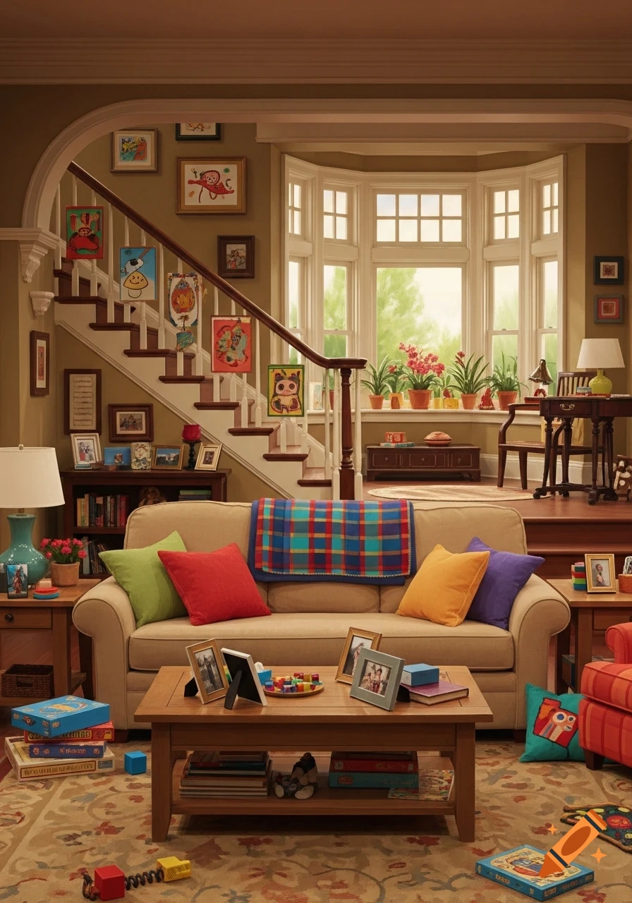 A warm, family-friendly living room with a bay window, stairs adorned with children's art, a couch with colorful pillows, and board games scattered on the rug.