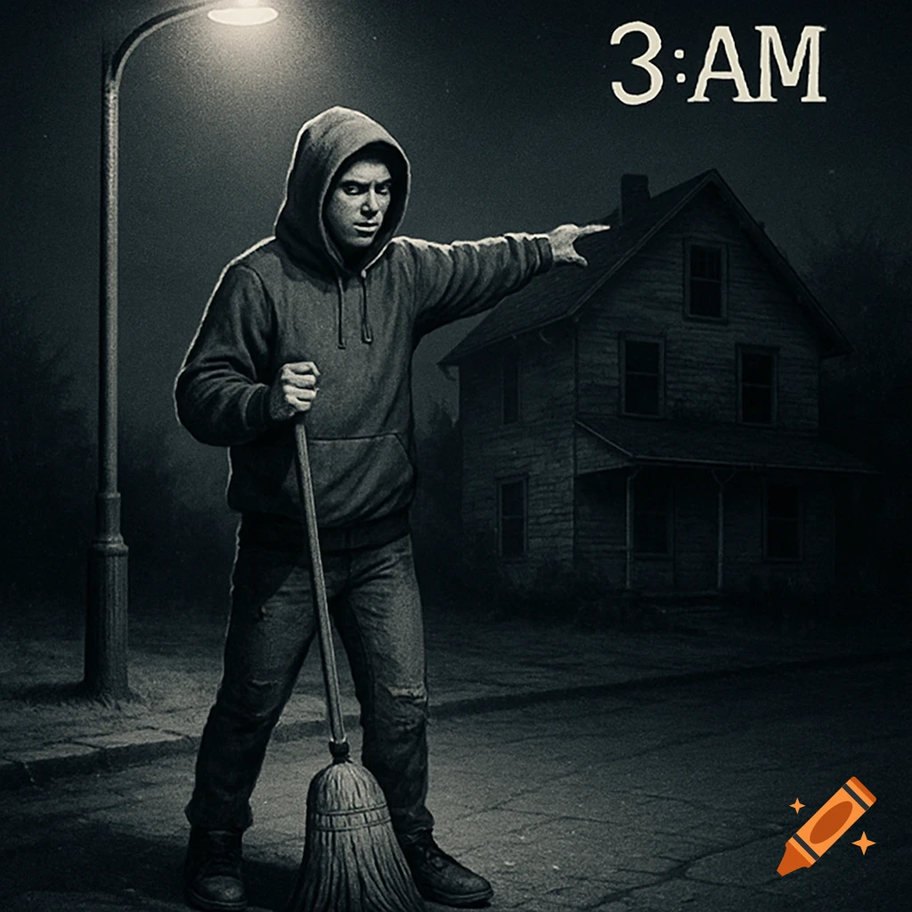 A hooded man holding a broom points at an eerie, dilapidated house under a street lamp at night, with '3:AM' text. Dark, atmospheric style.