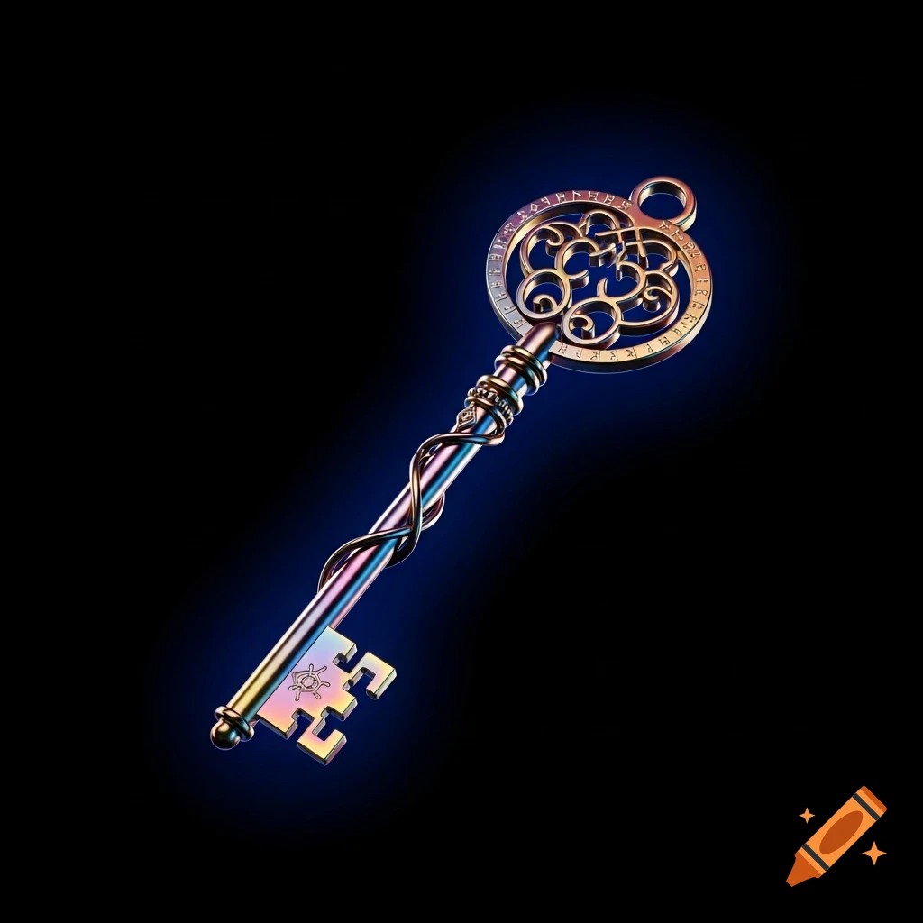 A detailed, glowing mystical skeleton key with iridescent metallic sheen, against a solid black background.
