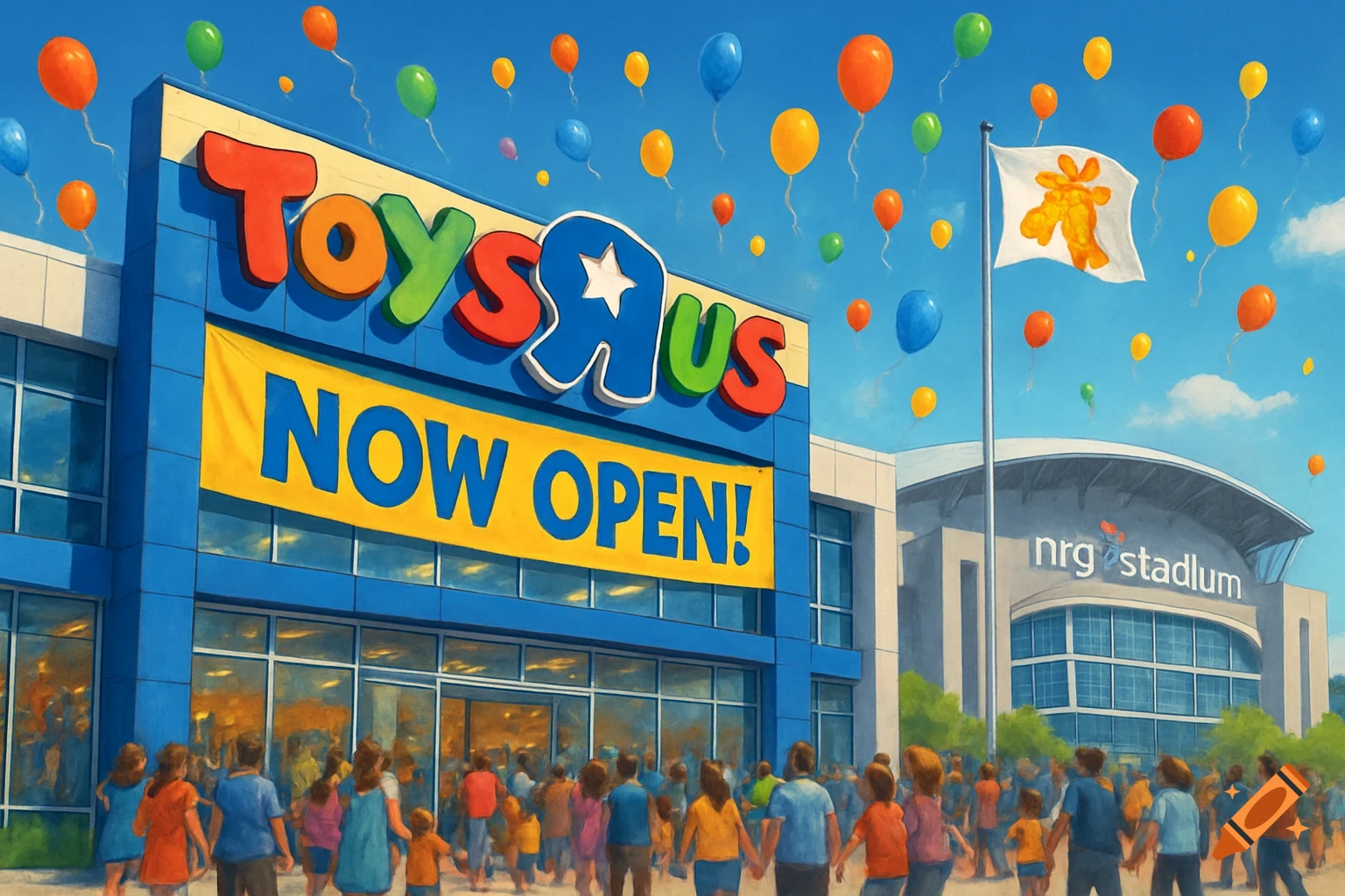A colorful Toys R Us store with a 'NOW OPEN!' banner, surrounded by a crowd and balloons, with NRG Stadium in the background, in a digital painting style.