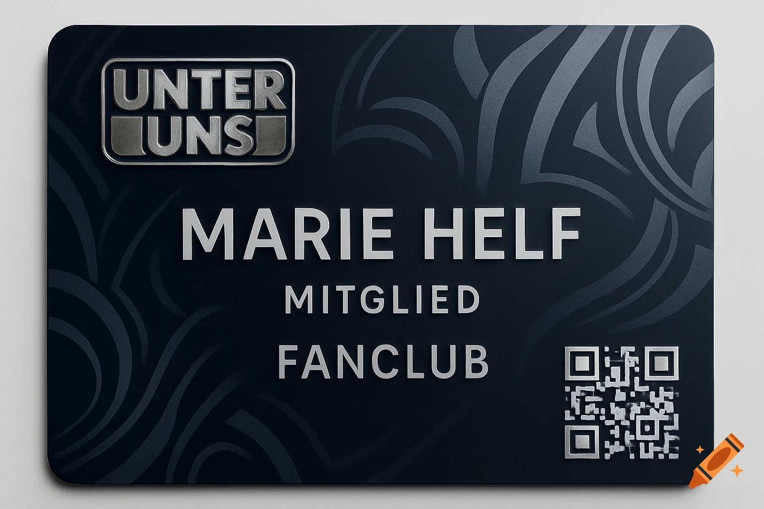 A dark, glossy membership card with silver embossed text "UNTER UNS", "MARIE HELF", "MITGLIED", "FANCLUB", and a QR code on a patterned background.