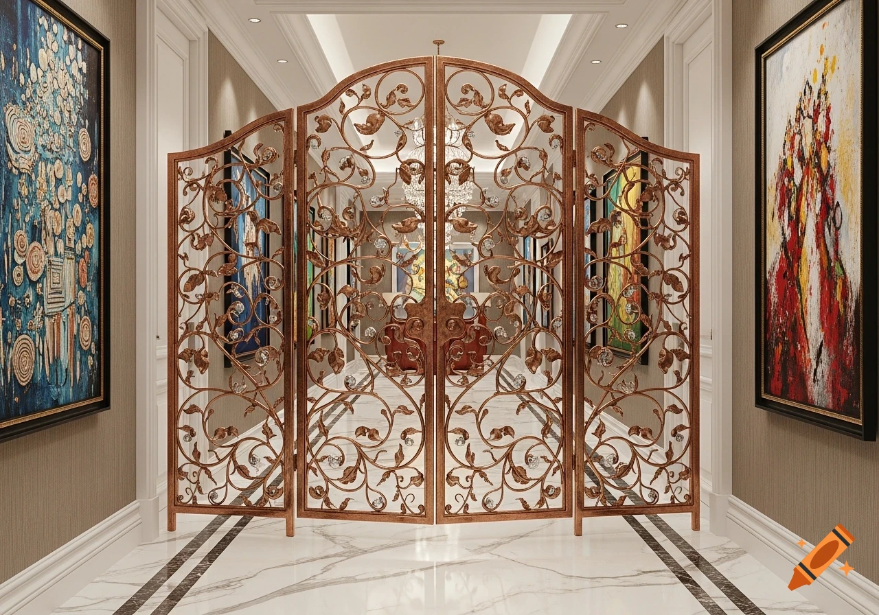 An ornate bronze gate divider with crystal accents stands in a grand hallway with a marble floor and abstract paintings.